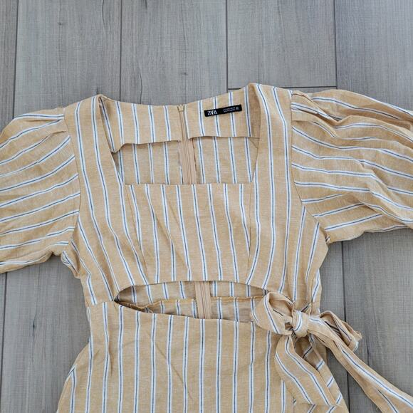 ZARA Linen Blend Striped Yellow/White Mini Cut Out Tie Waist Dress Women Sz L - Picture 13 of 15